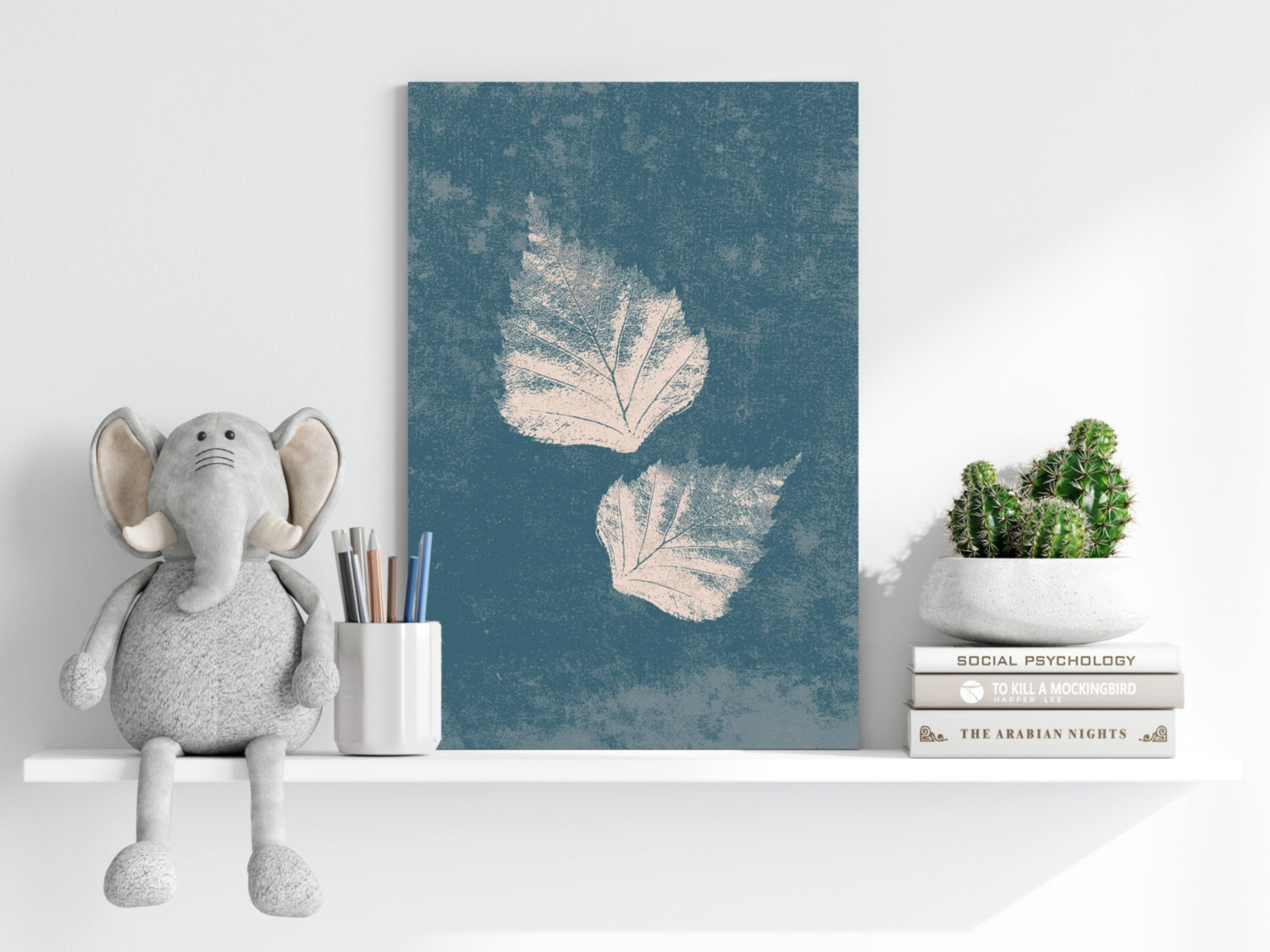 Two Cream Leaf Prints on Blue Grunge Aluminum Print