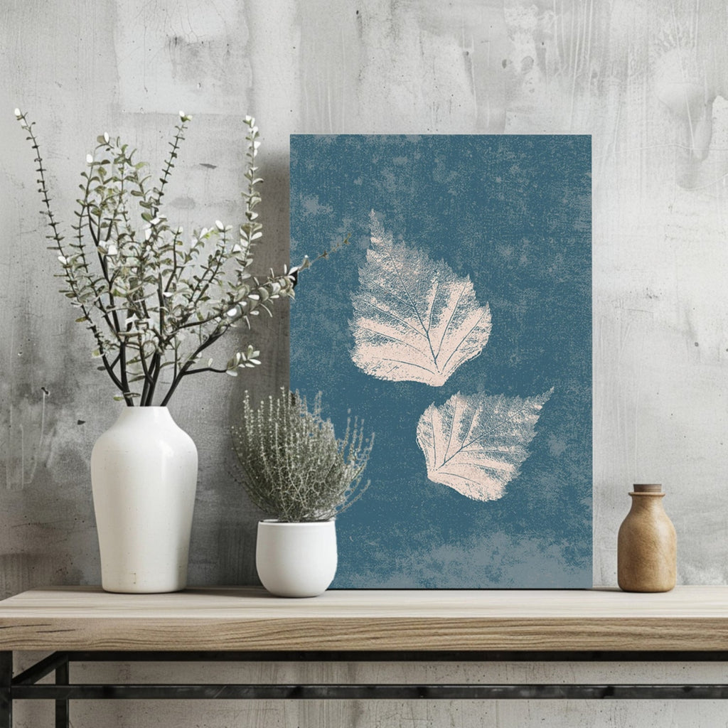 Two Cream Leaf Prints on Blue Grunge Aluminum Print