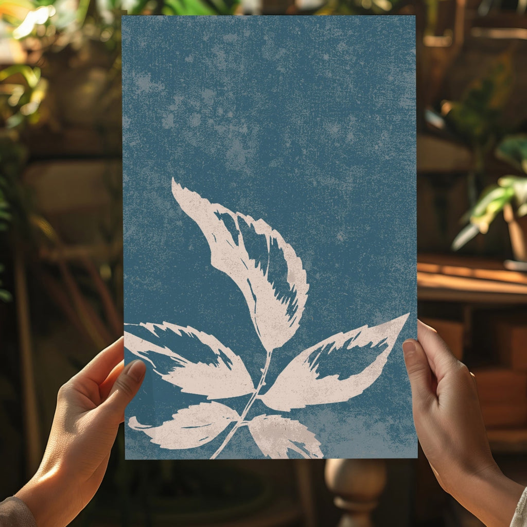 Cream Leaf Branch on Blue Grunge Aluminum Print