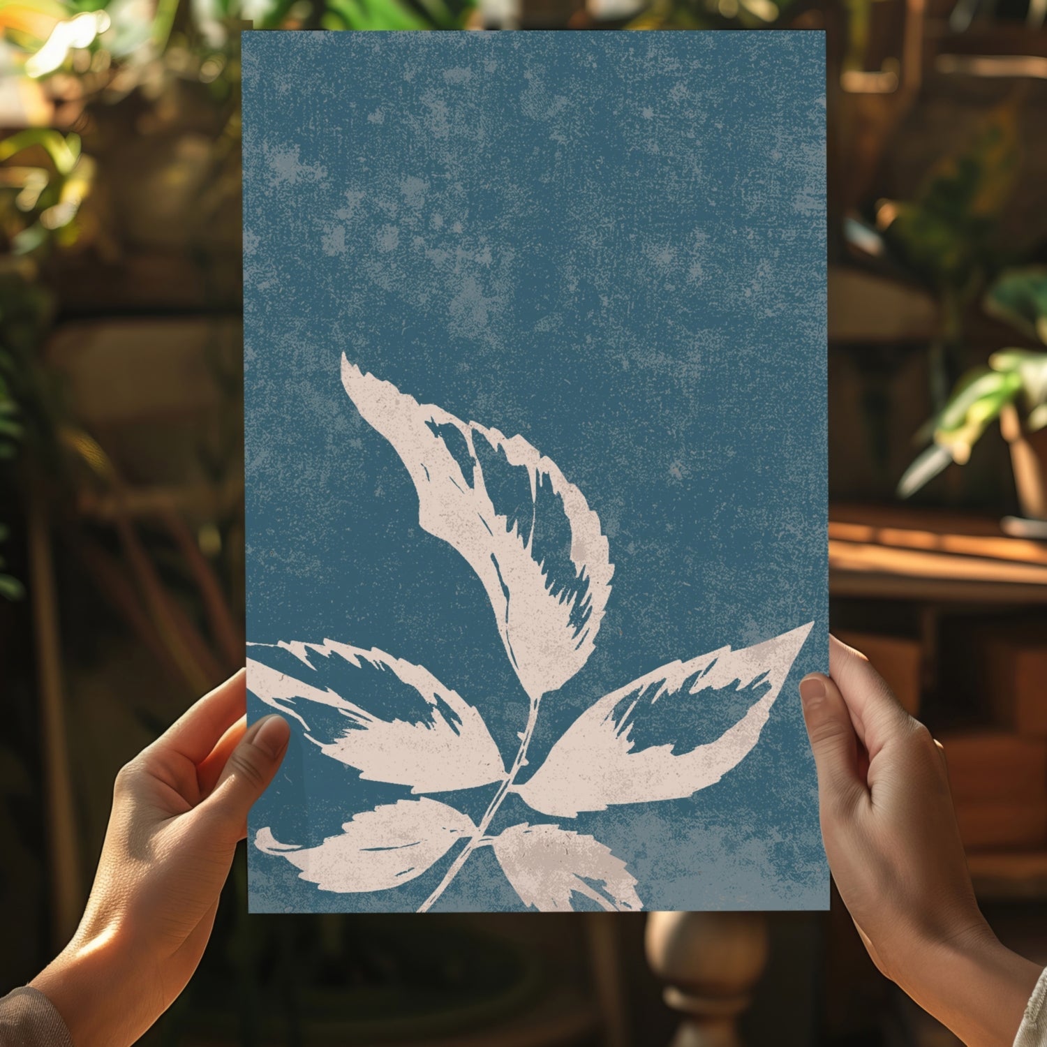 Cream Leaf Branch on Blue Grunge Aluminum Print