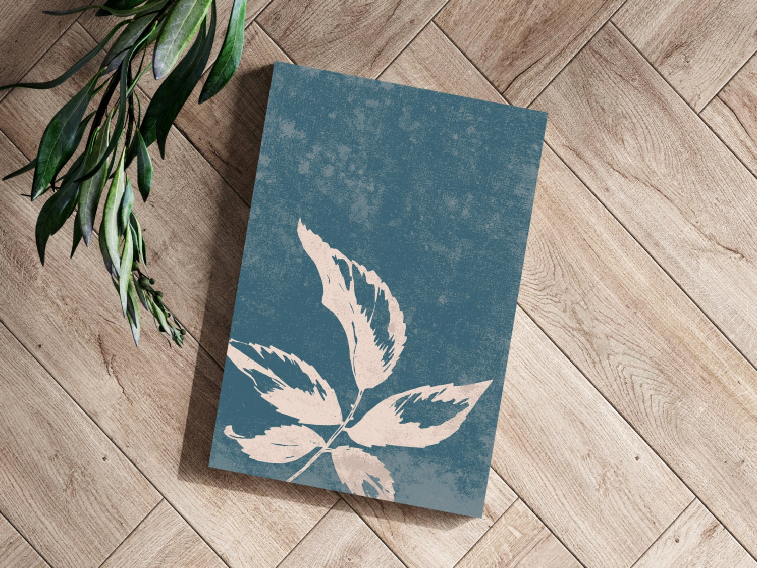 Cream Leaf Branch on Blue Grunge Aluminum Print