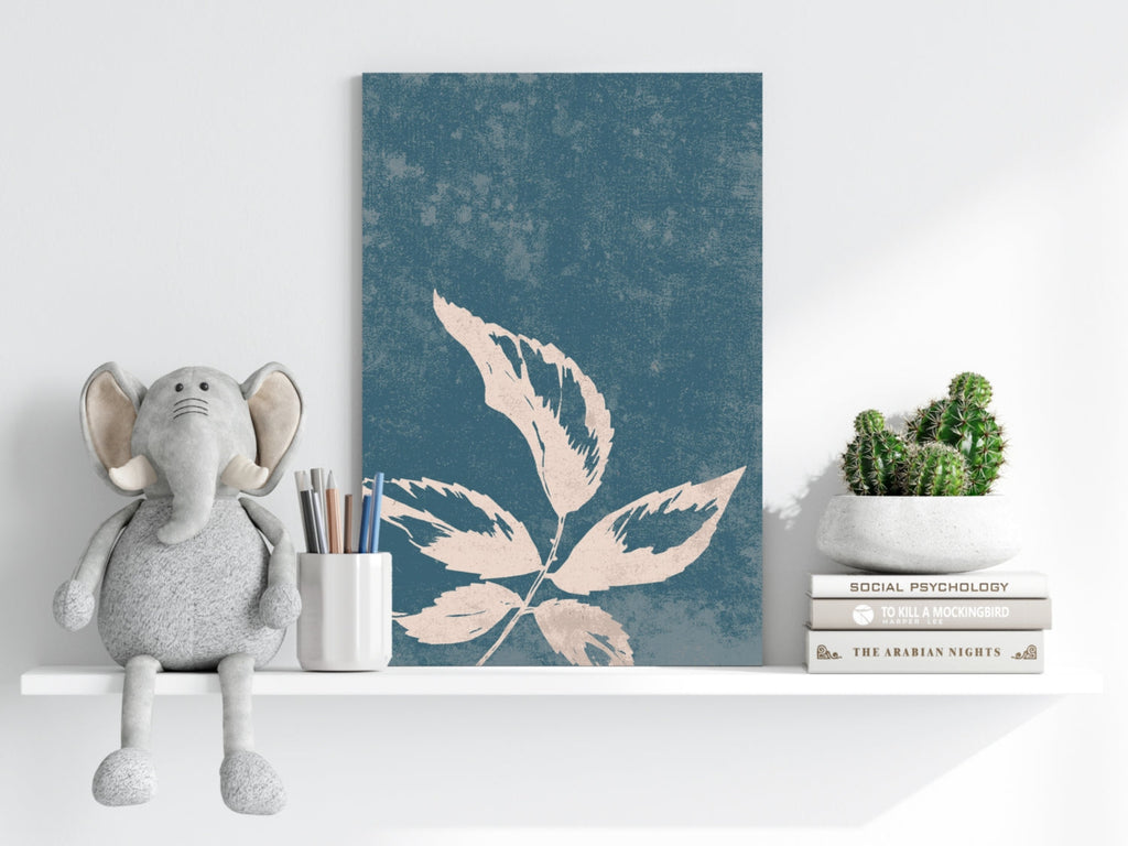 Cream Leaf Branch on Blue Grunge Aluminum Print
