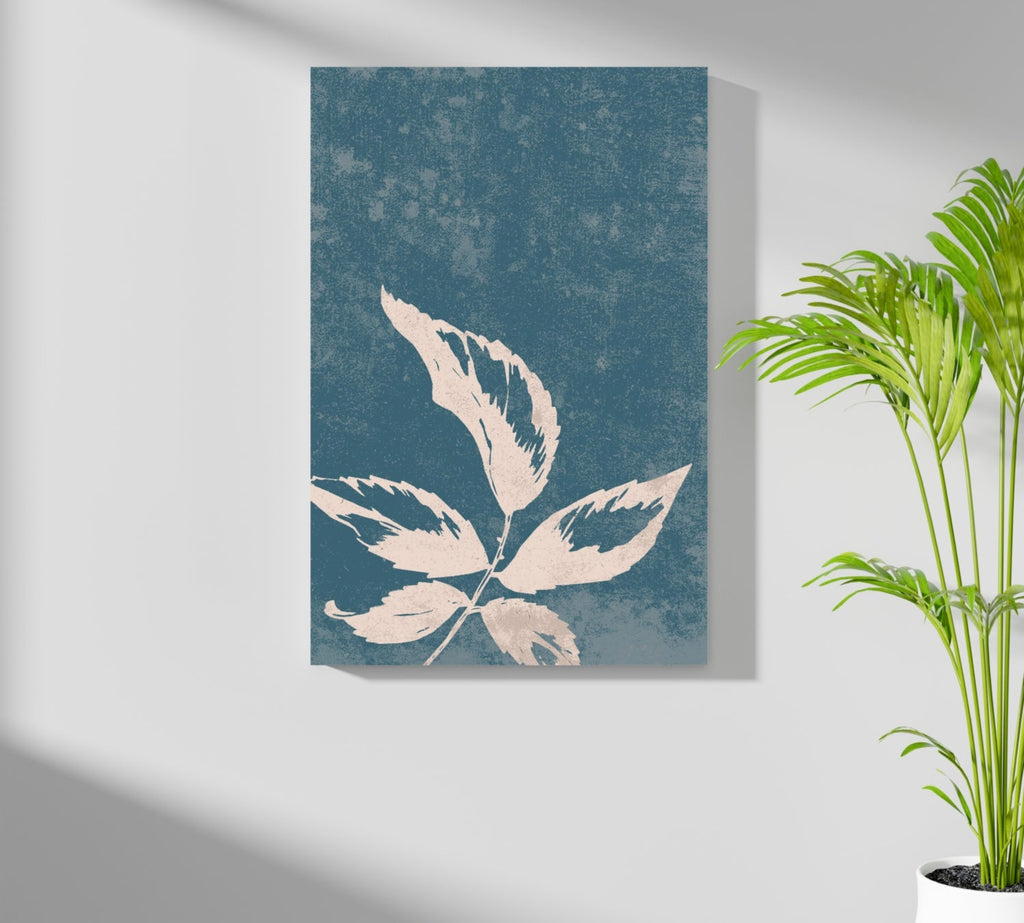 Cream Leaf Branch on Blue Grunge Aluminum Print