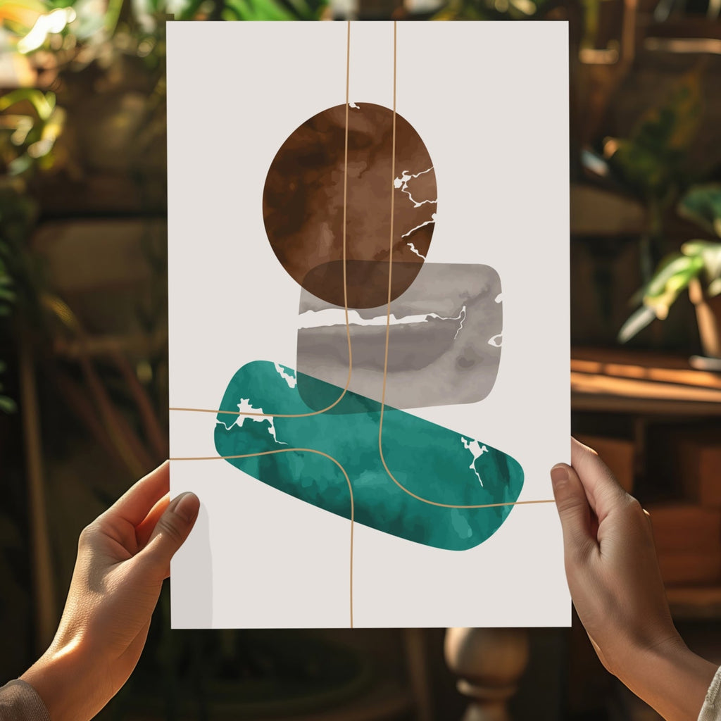 Brown Teal Stacked Stones Gold Lines Aluminum Print