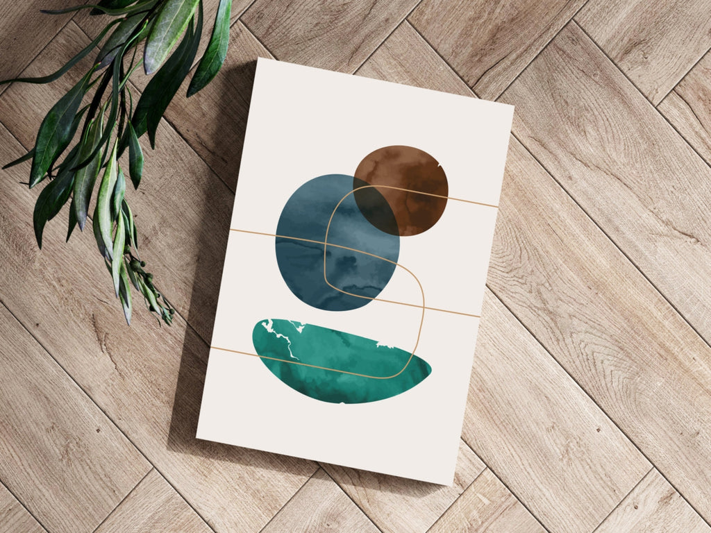 Brown Navy Teal Circles Gold Line Grid Aluminum Print