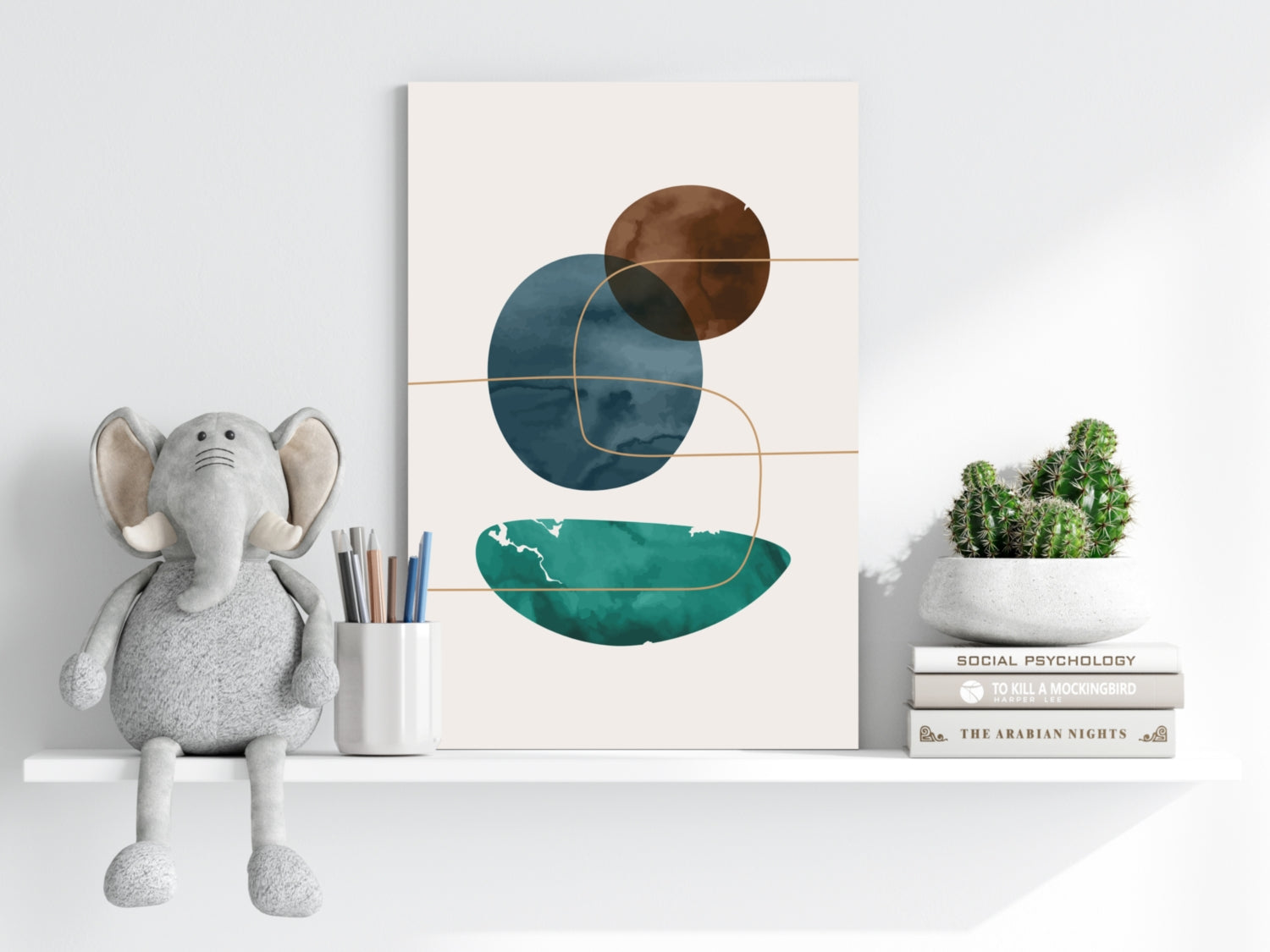 Brown Navy Teal Circles Gold Line Grid Aluminum Print
