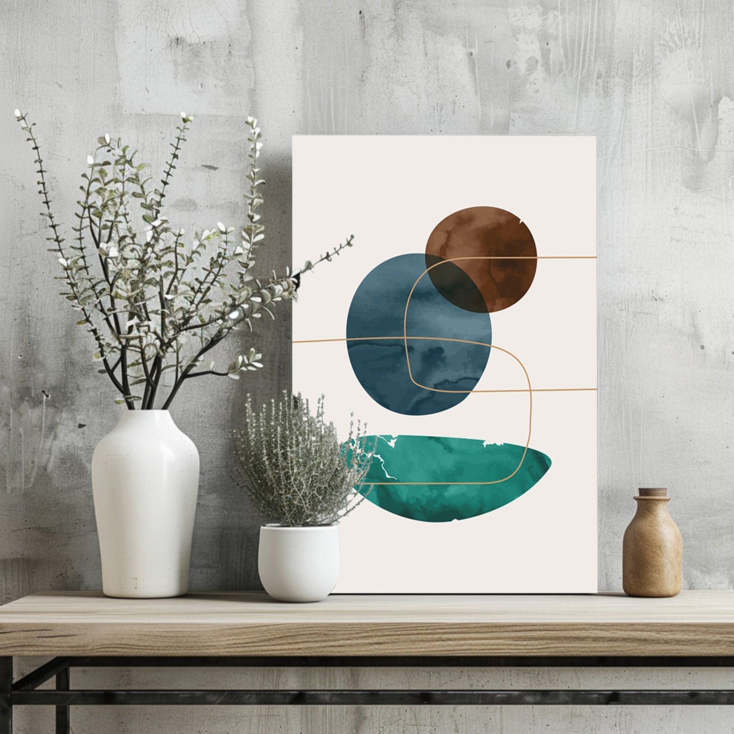 Brown Navy Teal Circles Gold Line Grid Aluminum Print