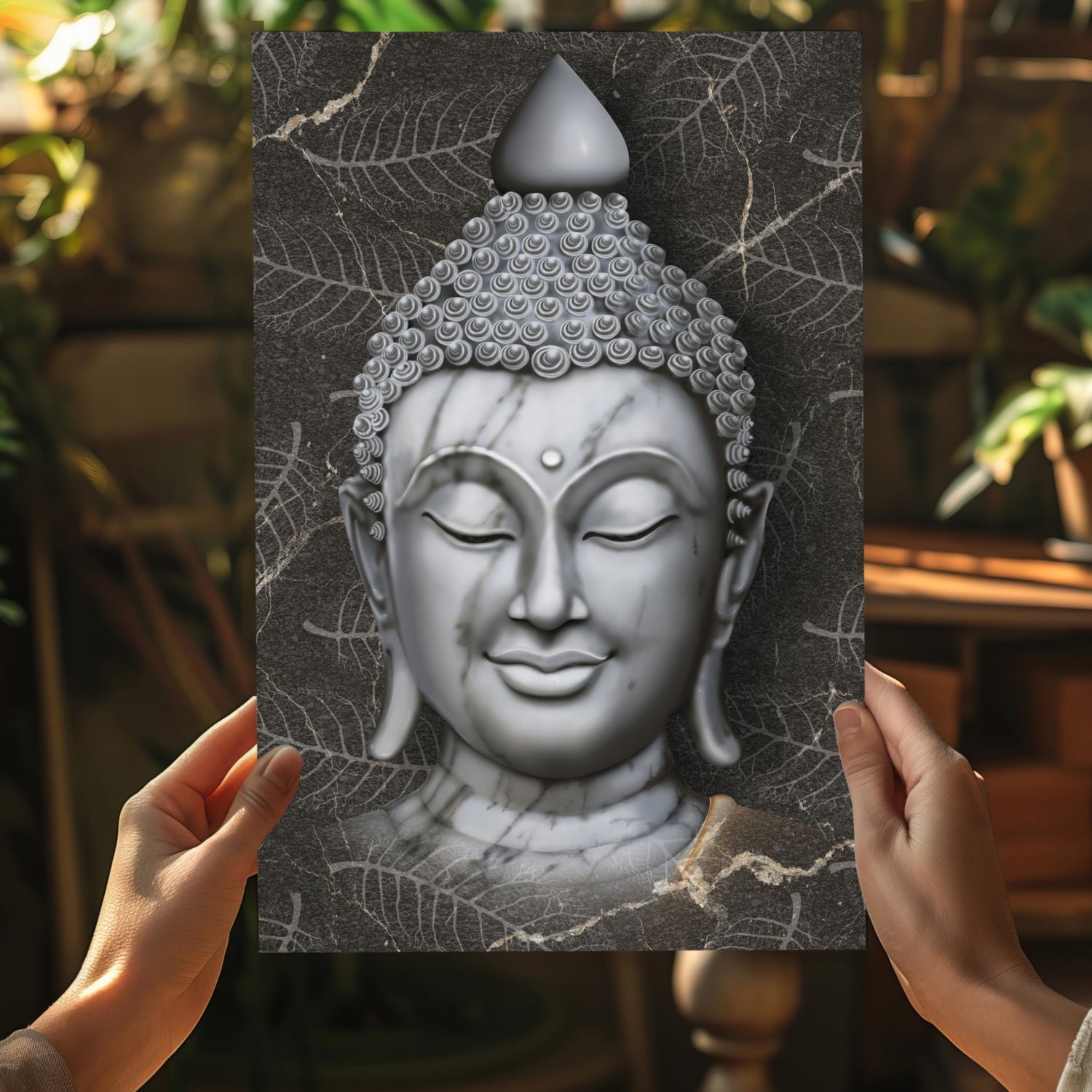 White Marble Buddha Head on Dark Leaves Aluminum Print