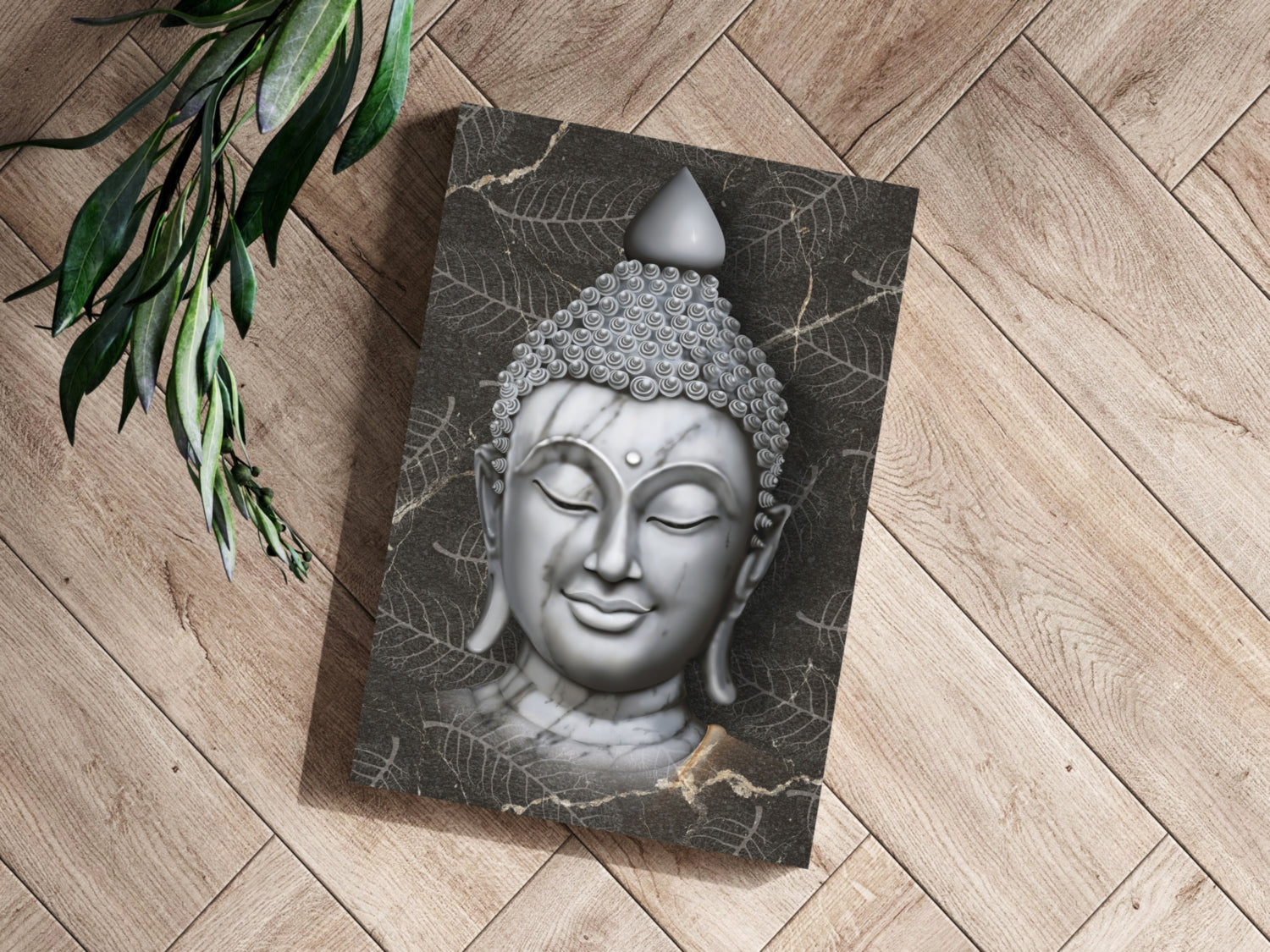 White Marble Buddha Head on Dark Leaves Aluminum Print