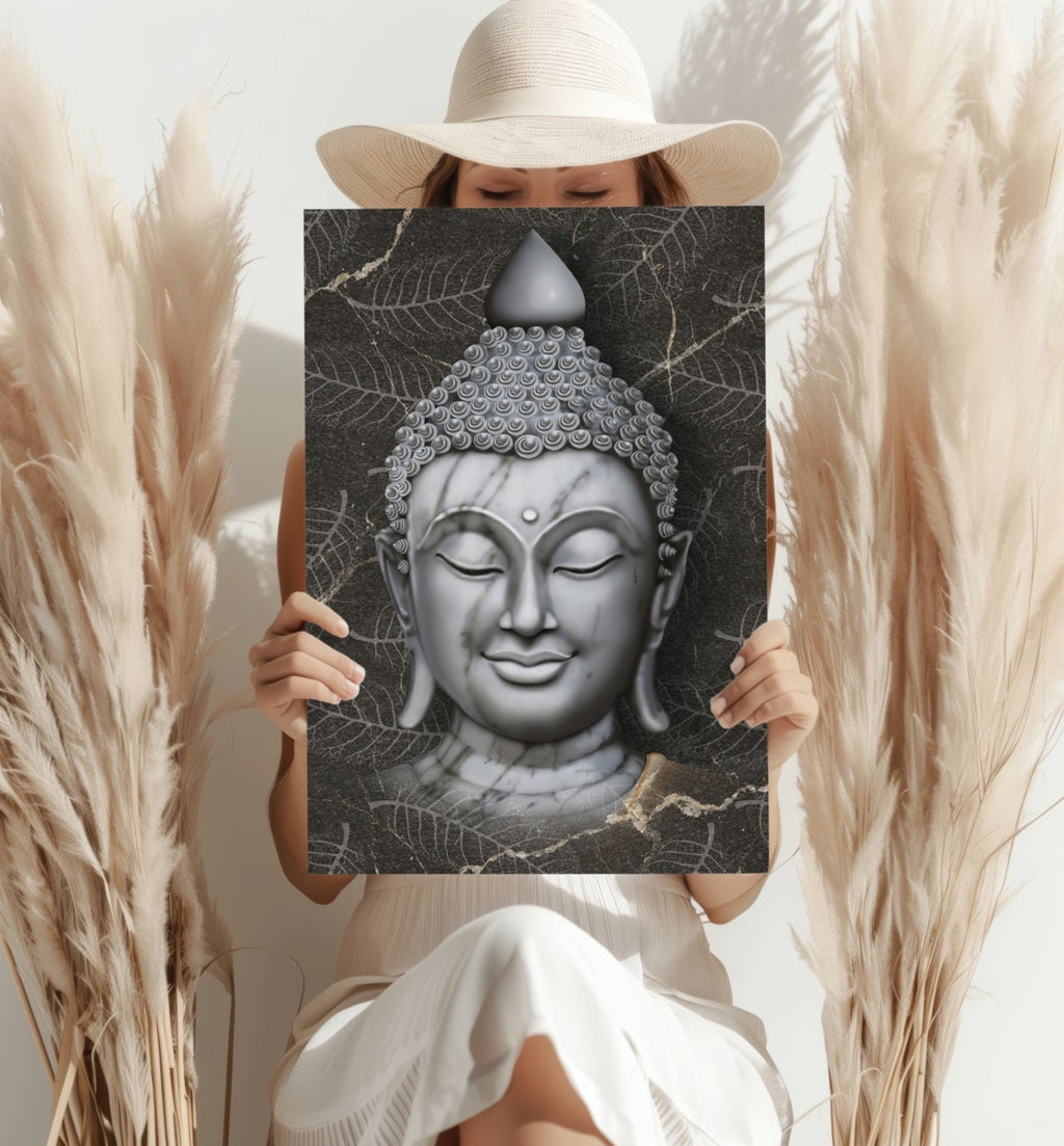 White Marble Buddha Head on Dark Leaves Aluminum Print