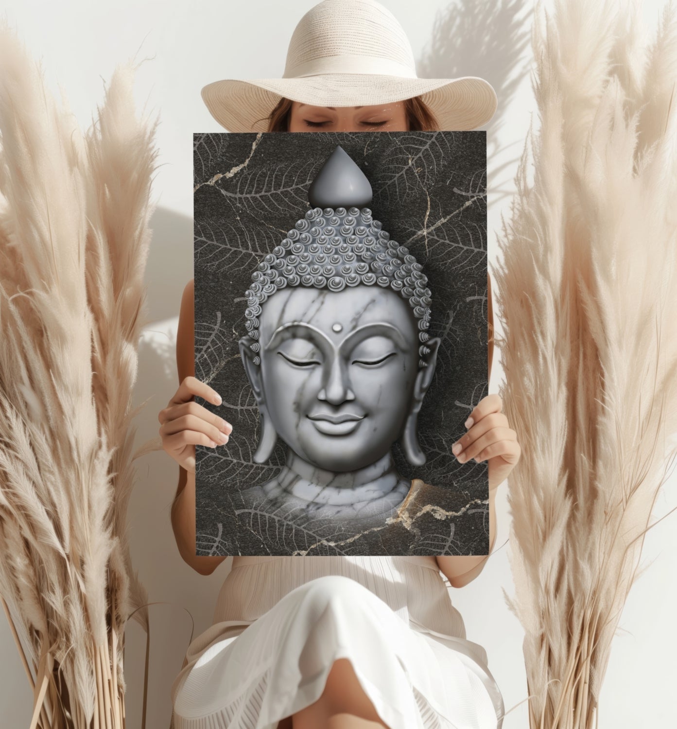 White Marble Buddha Head on Dark Leaves Aluminum Print