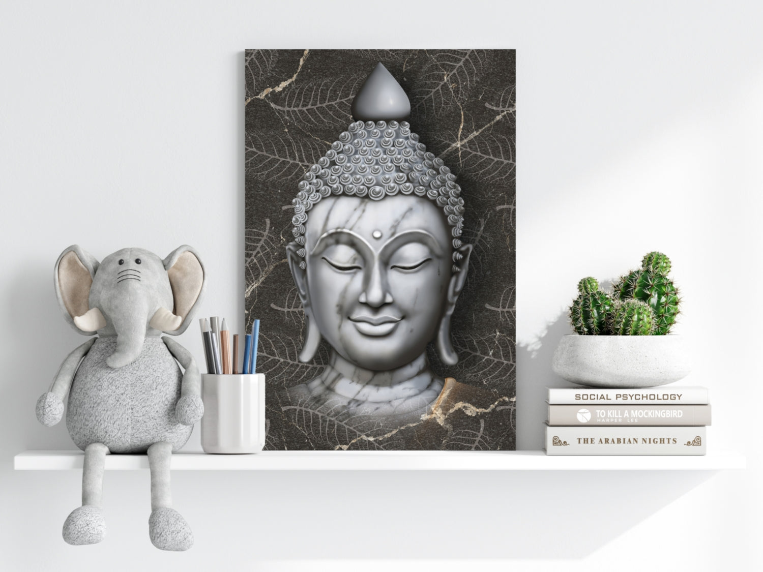 White Marble Buddha Head on Dark Leaves Aluminum Print