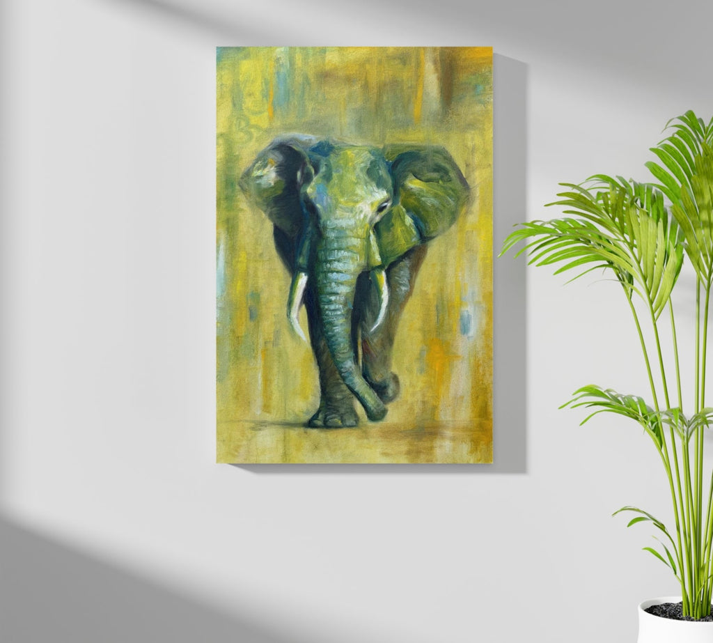 Green And Yellow Oil Painted Walking Elephant Aluminum Print