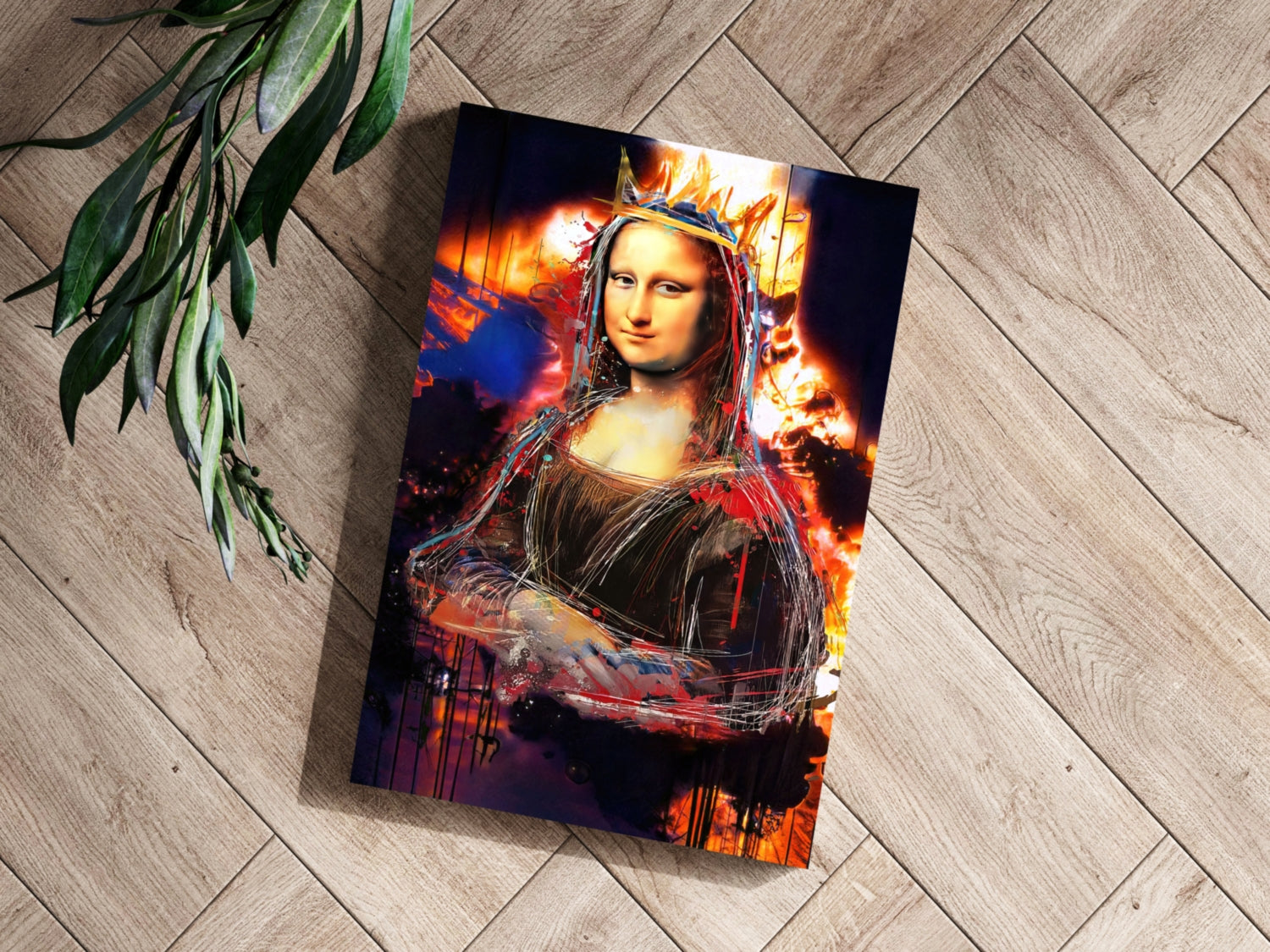 Mona Lisa Fiery Paint Splatter Crown Lady Portrait Aluminum Print