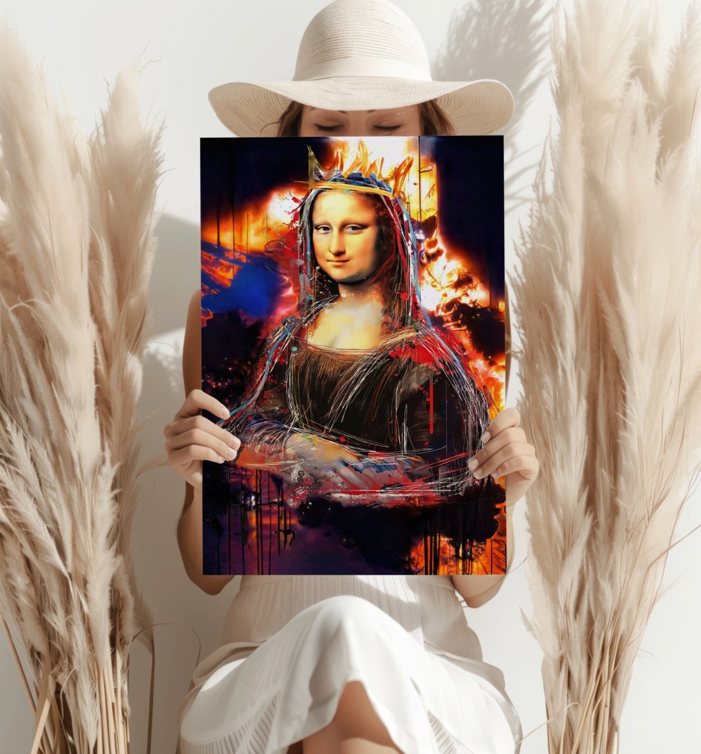 Mona Lisa Fiery Paint Splatter Crown Lady Portrait Aluminum Print