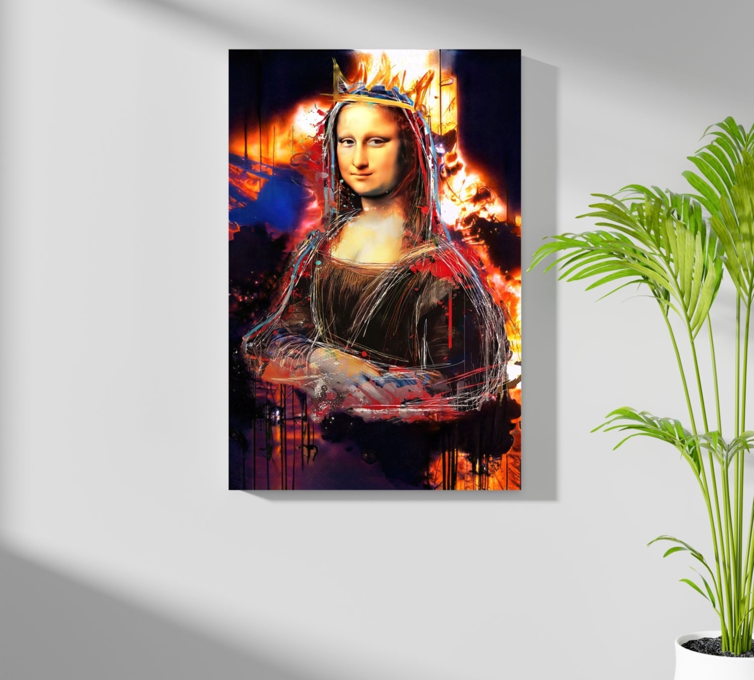 Mona Lisa Fiery Paint Splatter Crown Lady Portrait Aluminum Print