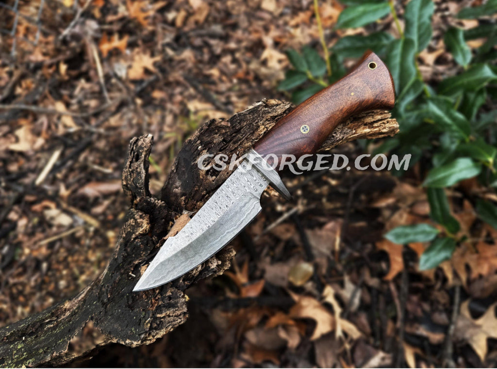 Bobcat Damascus Steel Hunting Knife Rose Wood Handle by cskforged - PhishStones Products