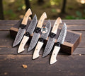 Bone Handle Steak Knifes Set - Premium Damascus Blades with Leather Roll Kit - PhishStones Products