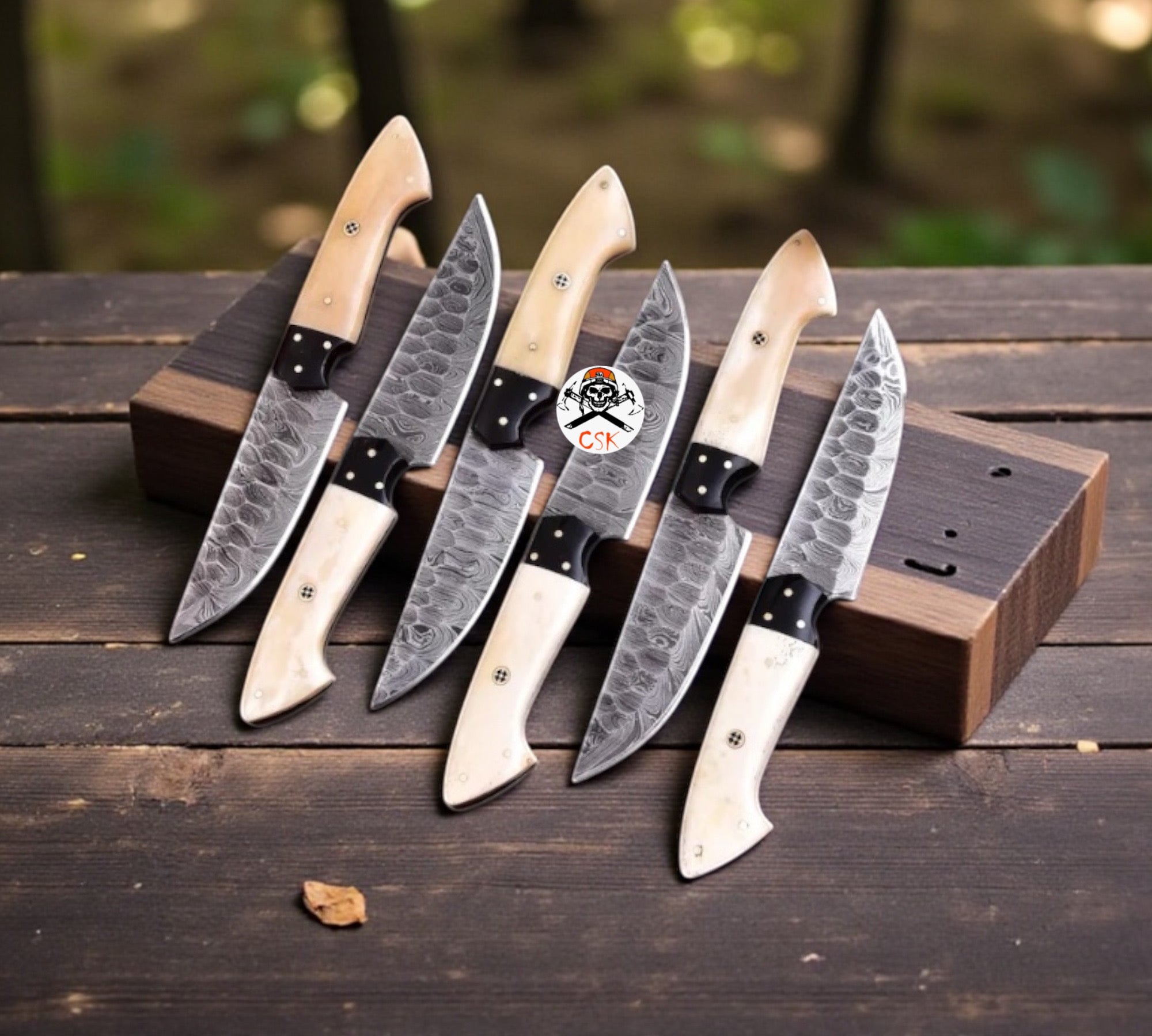 Bone Handle Steak Knifes Set - Premium Damascus Blades with Leather Roll Kit - PhishStones Products
