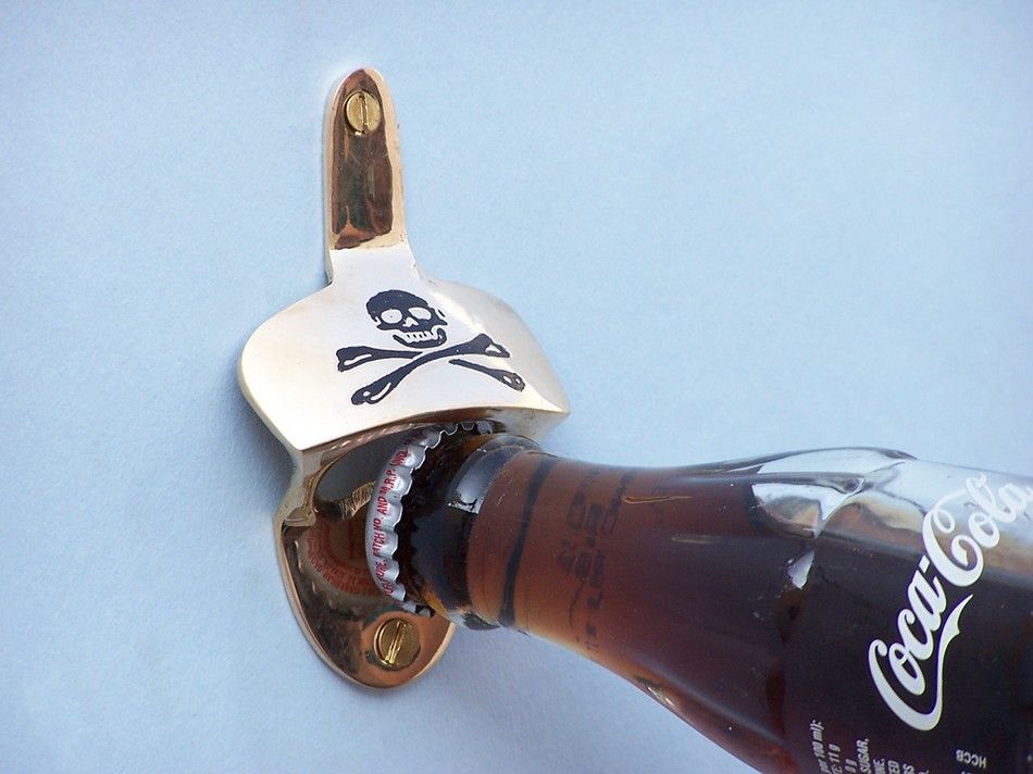 Solid Brass Pirate Skull and Crossbones Wall Mounted Bottle Opener 3.5""