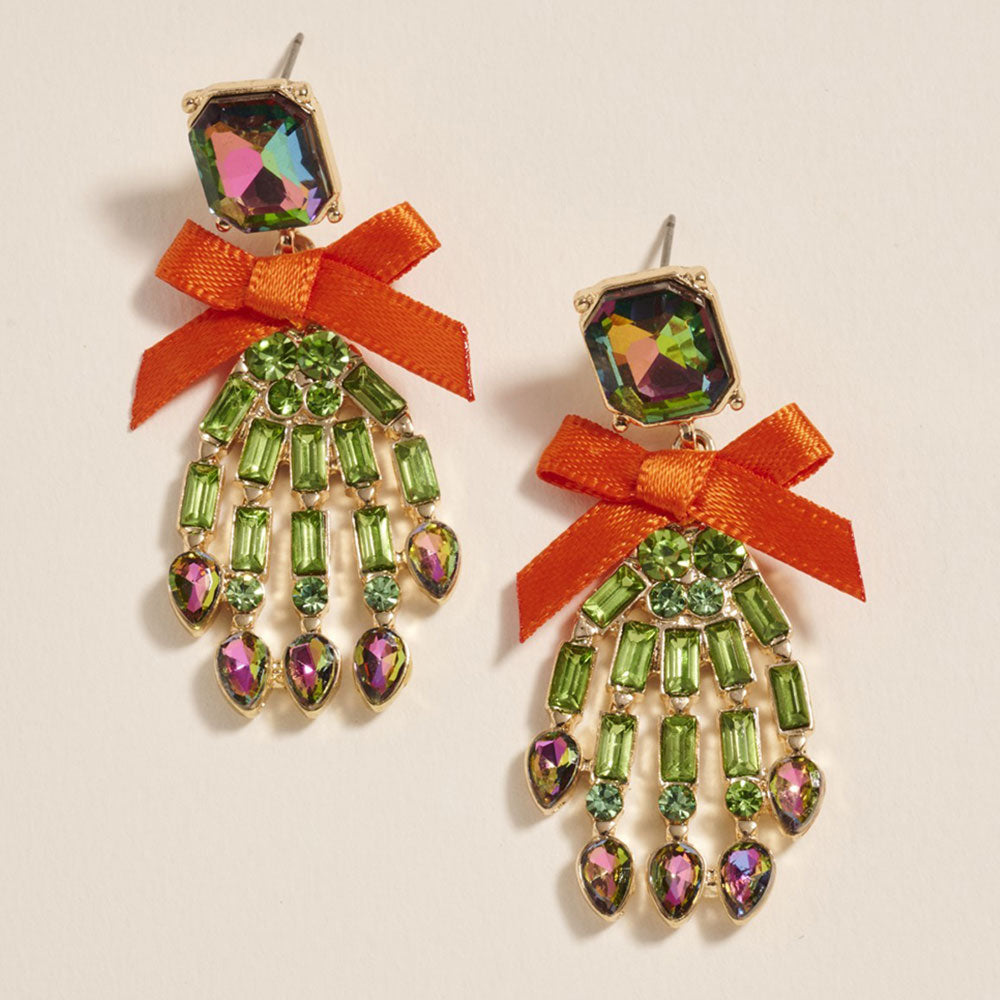 Bow Accent Glass Stone Skeleton Hand Dangle Earrings