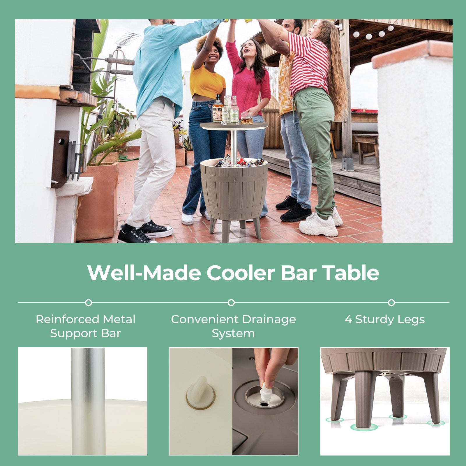 10 Gallon Cooler Bar Table Outdoor Coffee Table Ice Bucket with Telescopic Tabletop for Beer and Wine