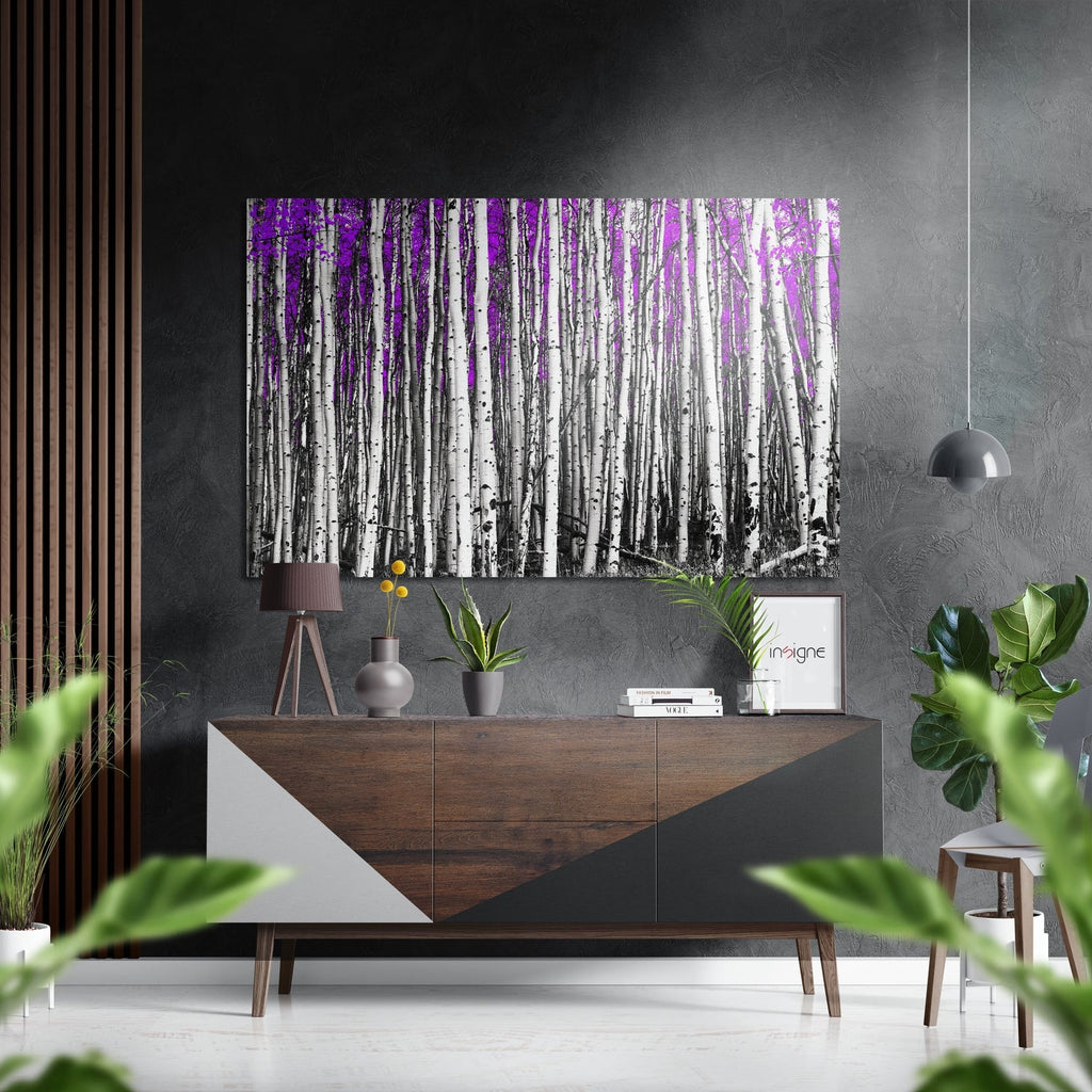 White Birch Trunks With Purple Leaves Brushed Aluminium Dibond Wall Art