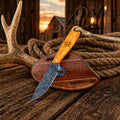 Buckaroo Sheath Knife - 3.5” Damascus Steel Blade & Burnt Bone Handle - PhishStones Products