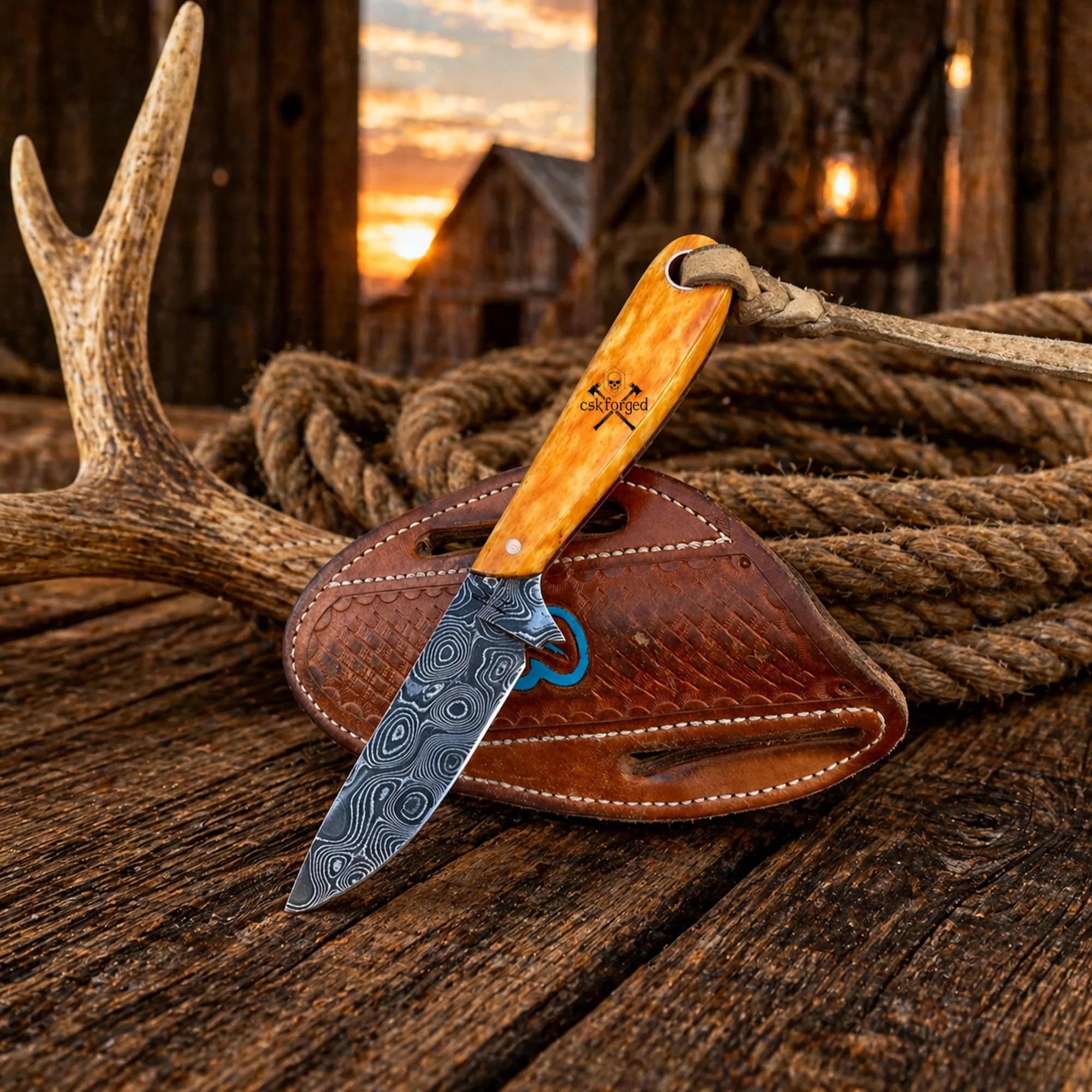 Buckaroo Sheath Knife - 3.5” Damascus Steel Blade & Burnt Bone Handle - PhishStones Products