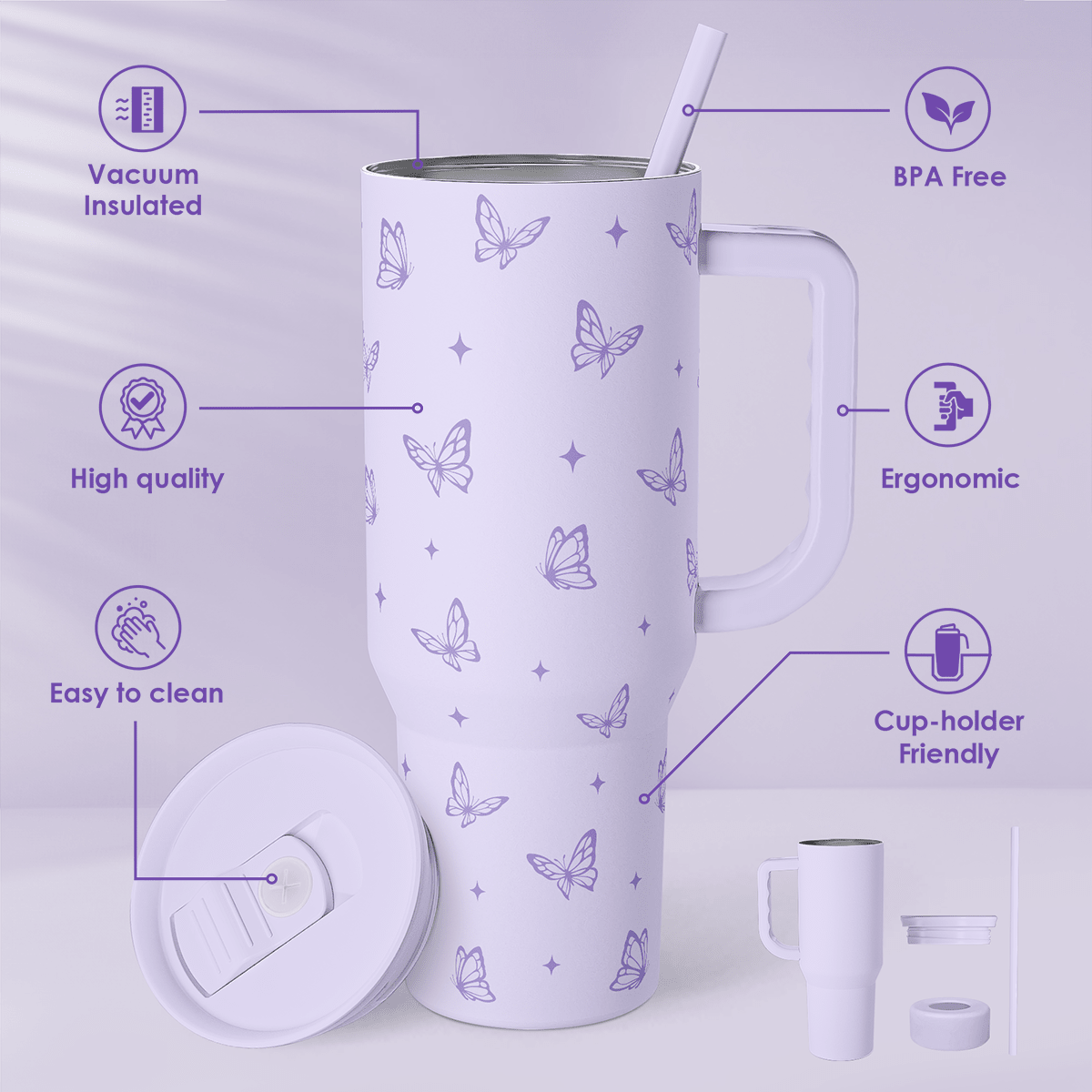 Butterfly Gifts for Women, Butterfly Tumbler with Handle, Stainless Steel Insulated Coffee Travel Mug Cup, Gifts for Women Girls on Birthday Christmas, 40oz - PhishStones Products