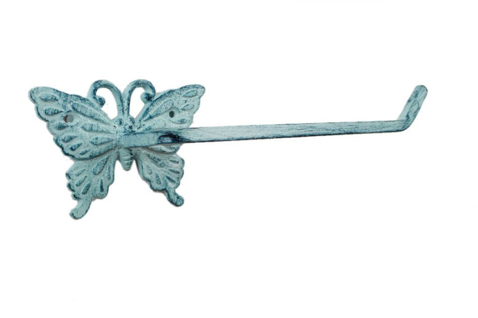 Rustic Dark Blue Whitewashed Cast Iron Butterfly Toilet Paper Holder 11""