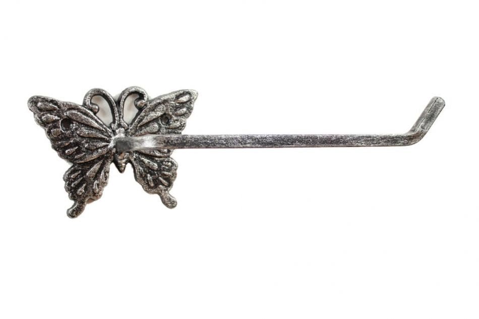 Rustic Silver Cast Iron Butterfly Toilet Paper Holder 11""