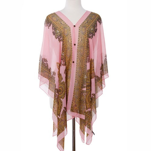 Button Detail Paisley Print V-Neck Poncho Cover Up Beachwear