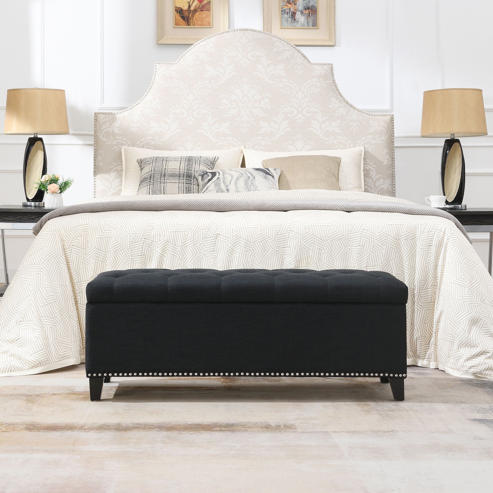 Button Tufted Storage Ottoman, Living Room Bench With Safety Close Hinge - Black - PhishStones Products