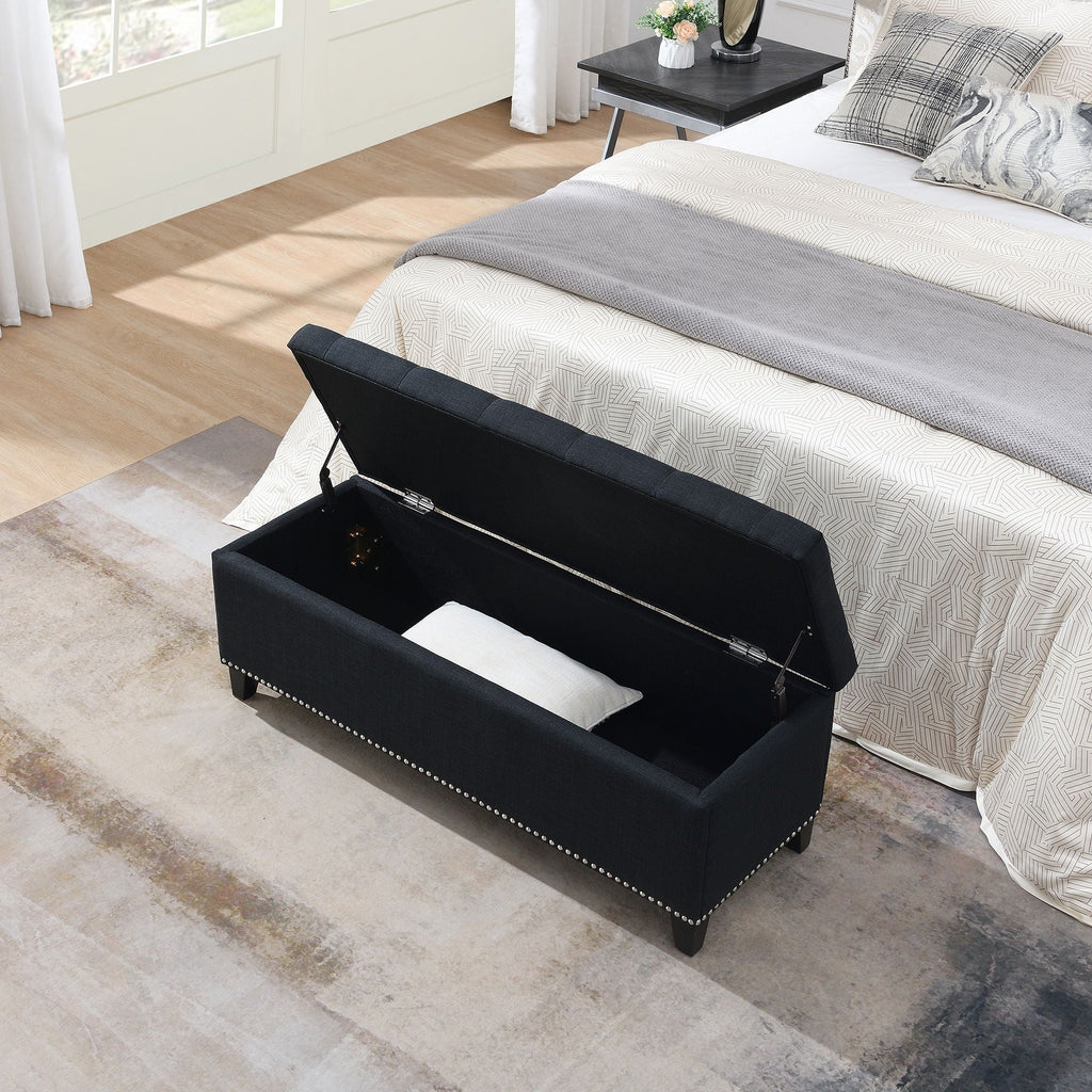 Button Tufted Storage Ottoman, Living Room Bench With Safety Close Hinge - Black - PhishStones Products
