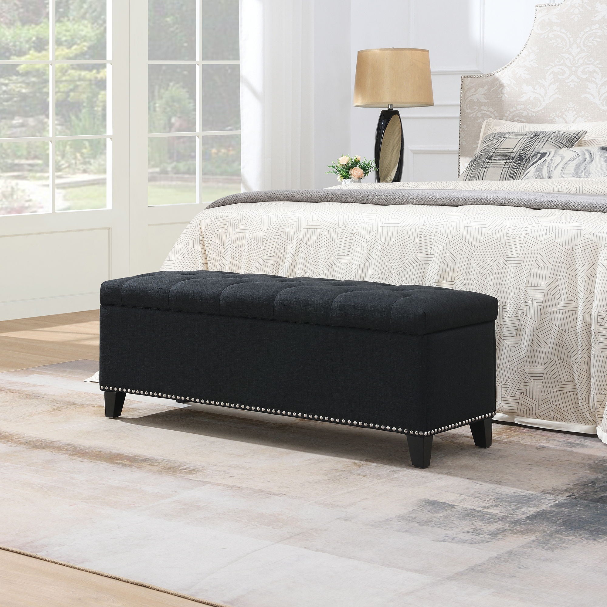 Button Tufted Storage Ottoman, Living Room Bench With Safety Close Hinge - Black - PhishStones Products