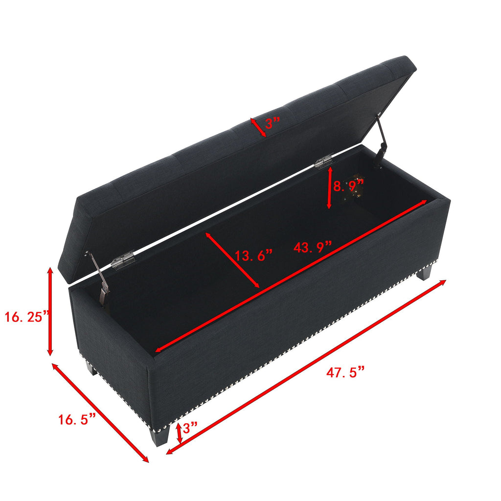 Button Tufted Storage Ottoman, Living Room Bench With Safety Close Hinge - Black - PhishStones Products