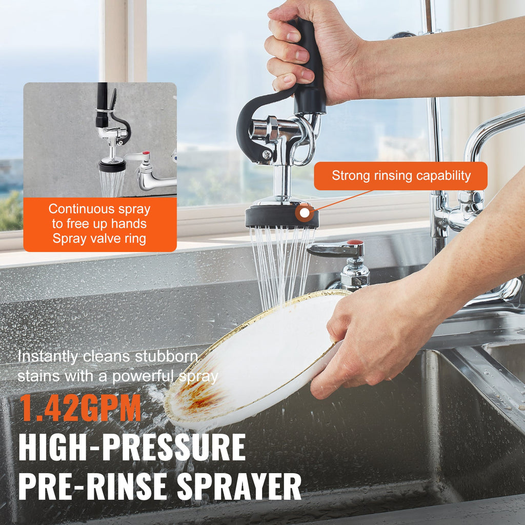 Commercial Faucet with Pre-Rinse Sprayer, 44' Height, 8' Center, 12' Swing Spout, Wall Mount Kitchen Sink Faucet, Brass Constructed Device with Pull Down Spray, for 1/2/3 Compartment Sink