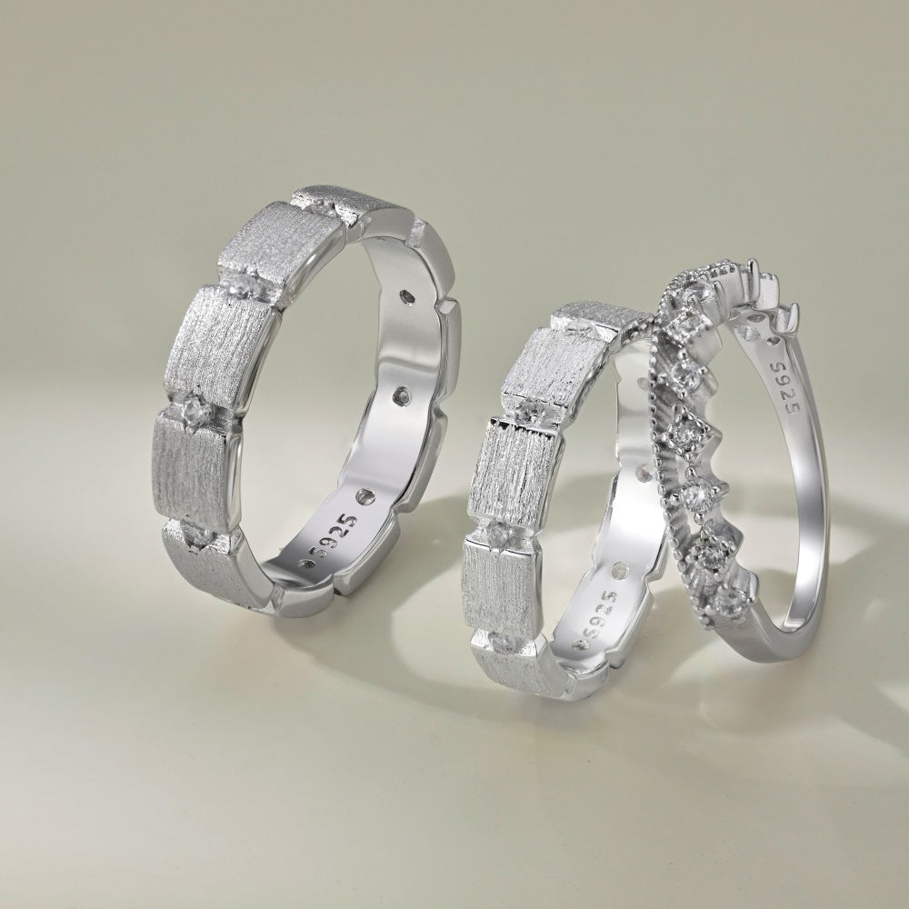 S925 Sterling Silver Men And Women Couple Rings Personality Fashion Round Zirconium Gang Drill Slim Ring Simple All-match