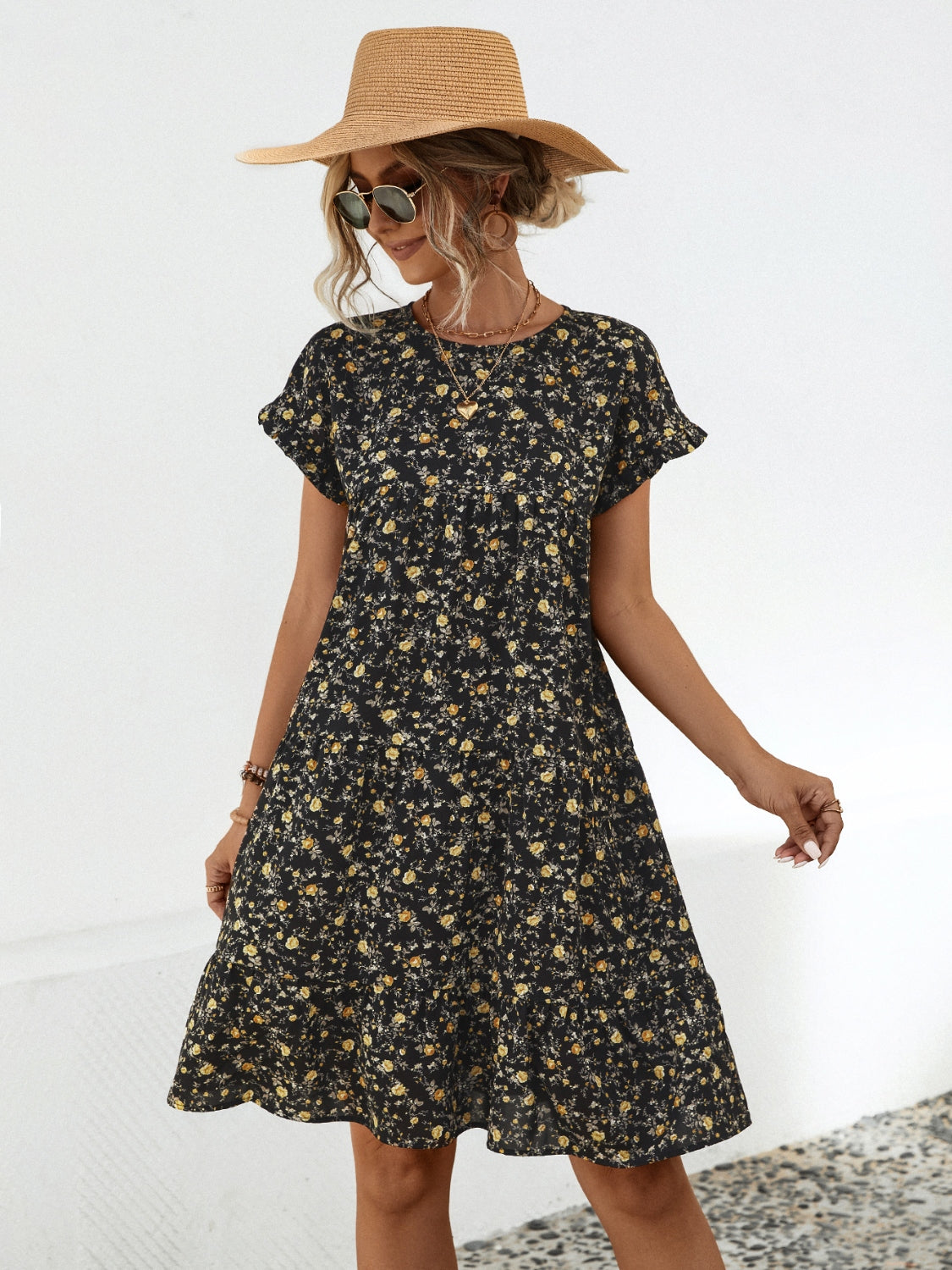 Floral Round Neck Short Sleeve Dress Elegant & Effortless Everyday Style Women Dress