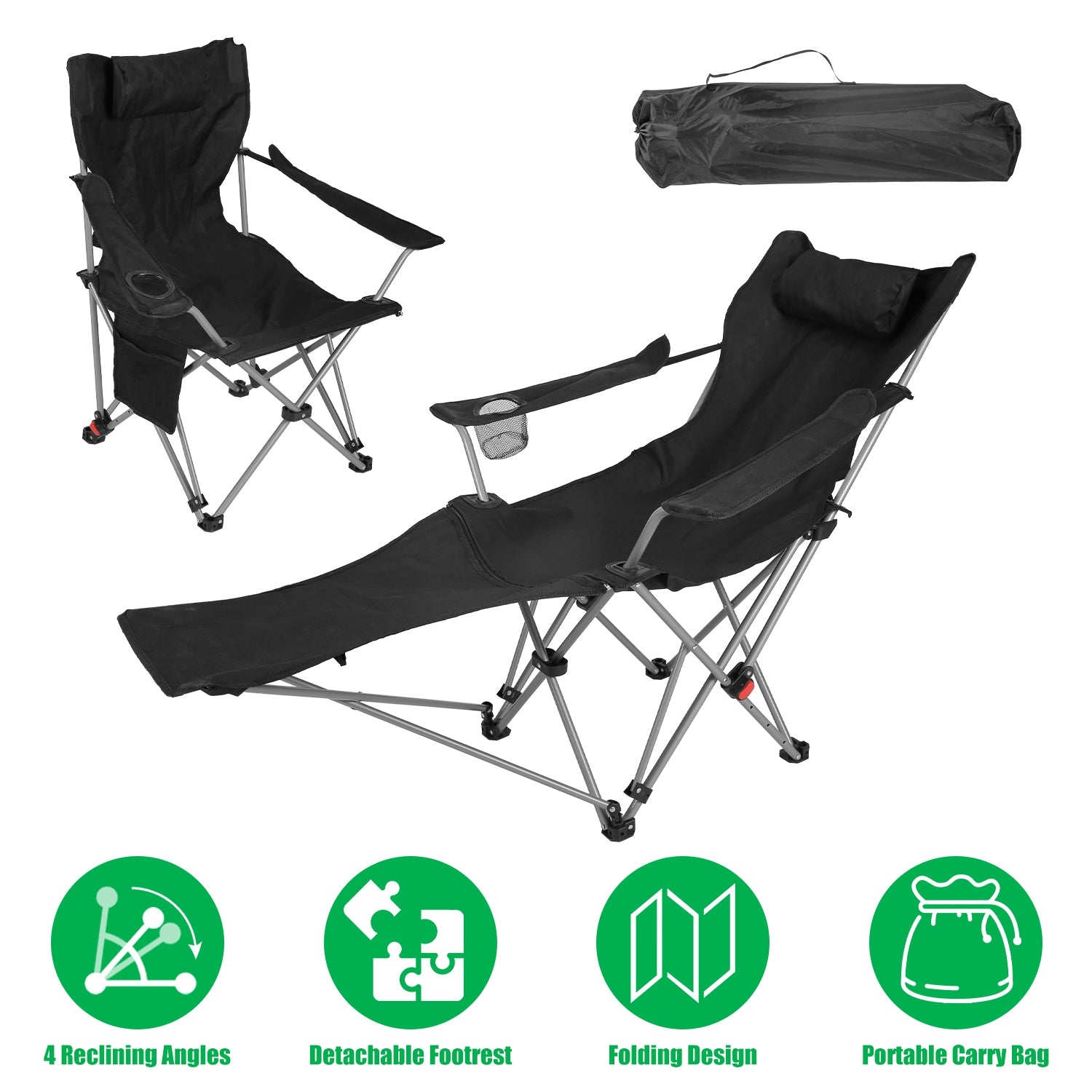 Reclining Camping Chair with Footrest 4-Position Adjustable Outdoor Folding Chair Heavy Duty Portable Camping Lounge Chair with Headrest Cup Holder &