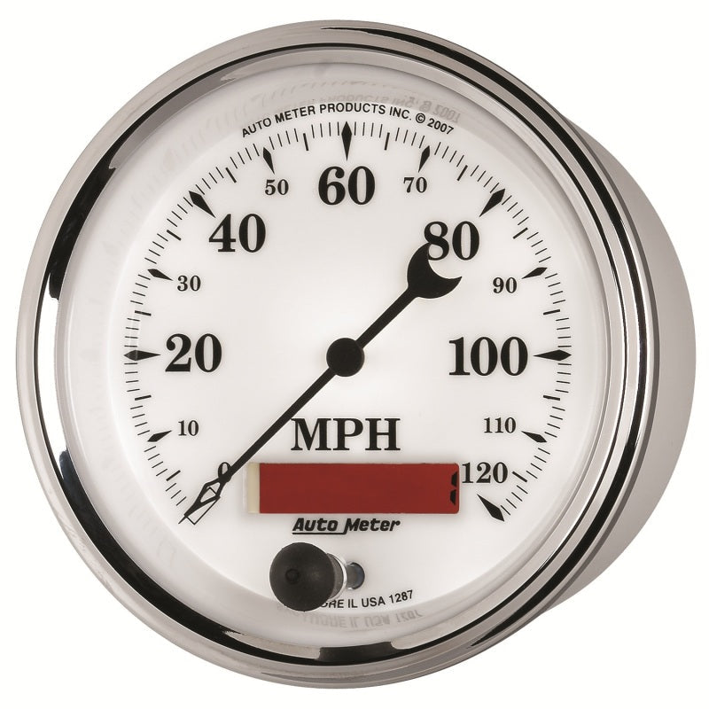 AutoMeter Gauge Speedometer 3-3/8in. 120MPH Elec. Prog. W/ Lcd Odo Old Tyme Wht II 1287