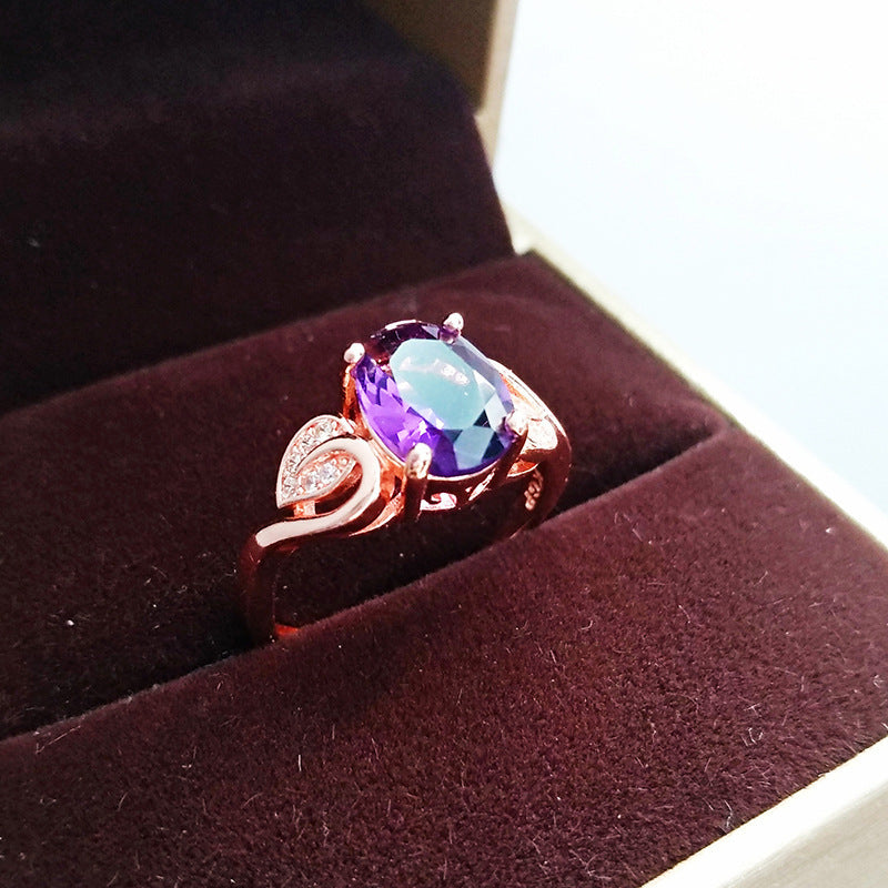 Quality Ear Hook Purple Gemstone Diamond Ring Rose Gold Collarbone Necklace Set