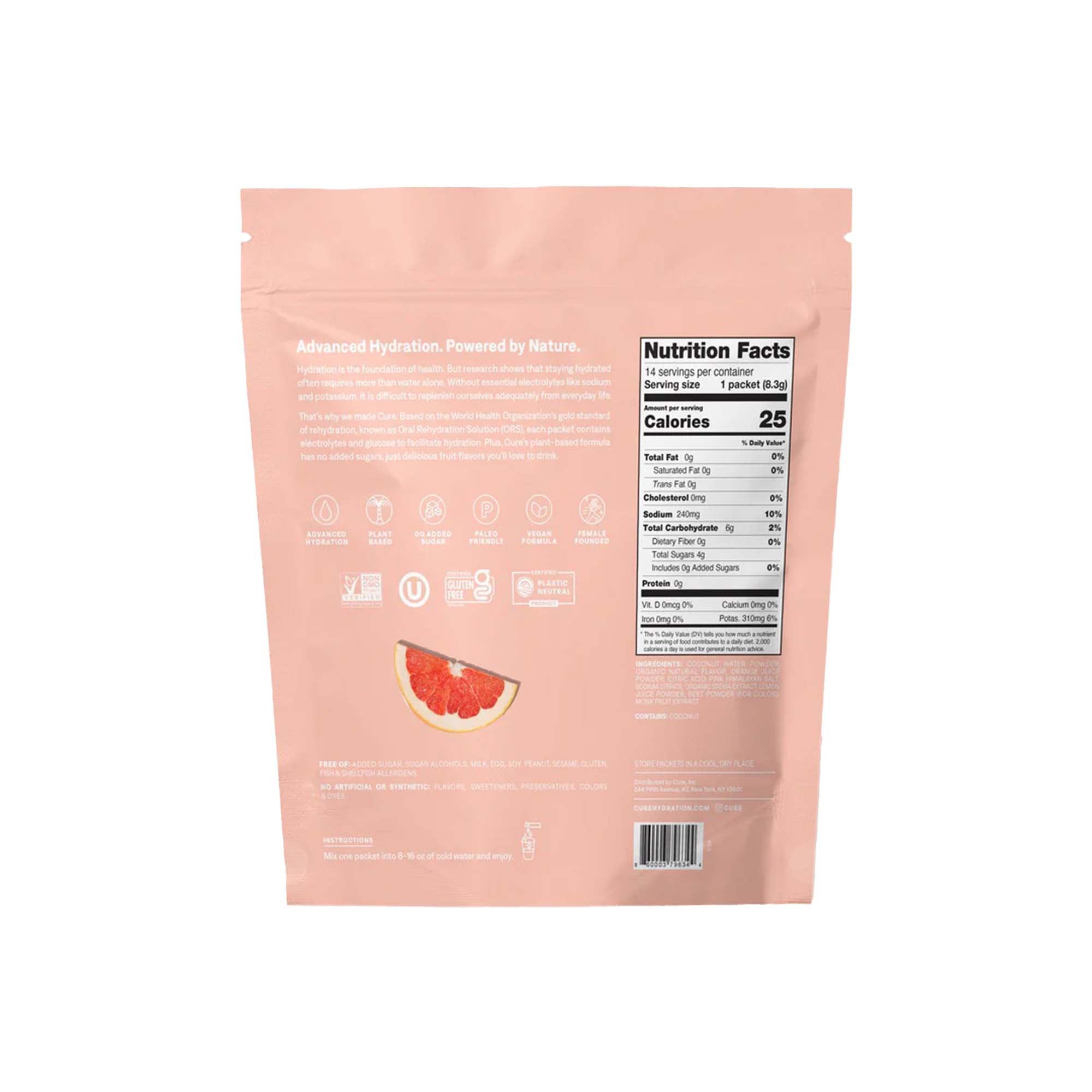 Cure Electrolyte Drink Mix made with Coconut Water, Grapefruit, 7.7-gram Packets HM1004