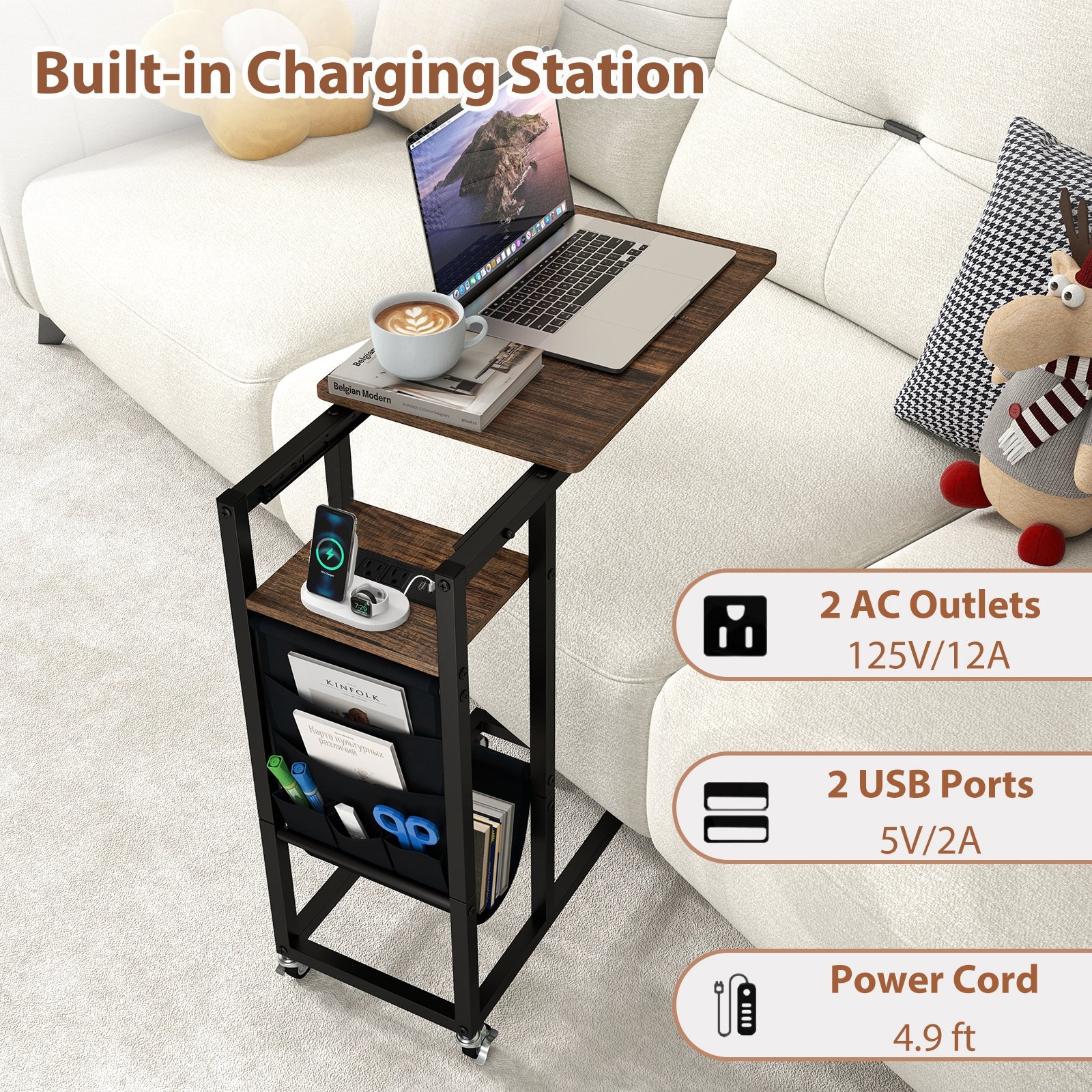 C-shaped End Table with Charging Station and Retractable Tabletop-Coffee