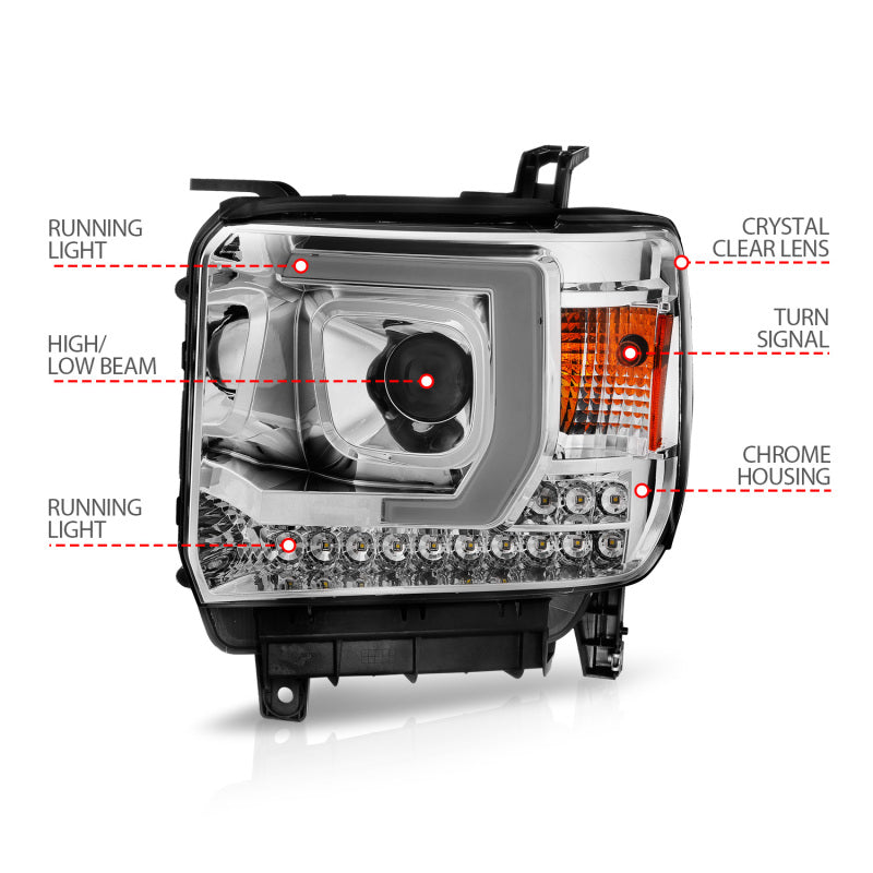 ANZO 14-15 GMC Sierra 1500/2500HD/3500HD Plank Style Projector Headlight - Chrome Housing 111553