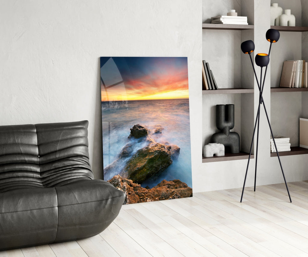 Coastal Rocks Misty Sunset Glass Wall Art