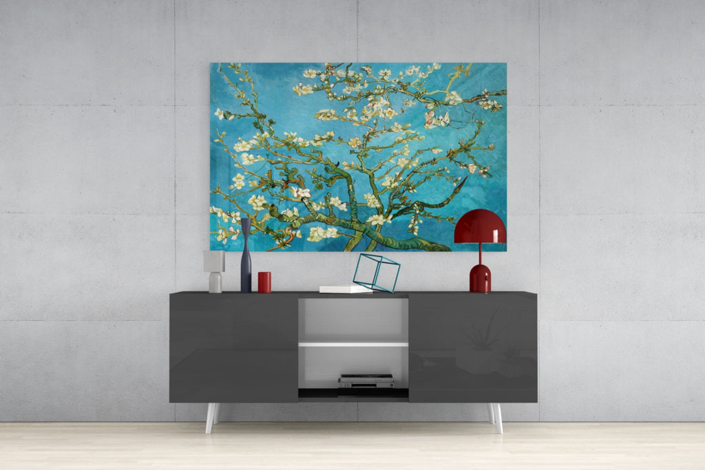 White Blossoms on Turquoise Sky Glass Wall Art