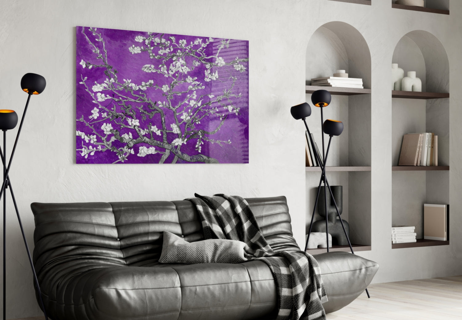 White Blossoms on Vivid Purple Glass Wall Art