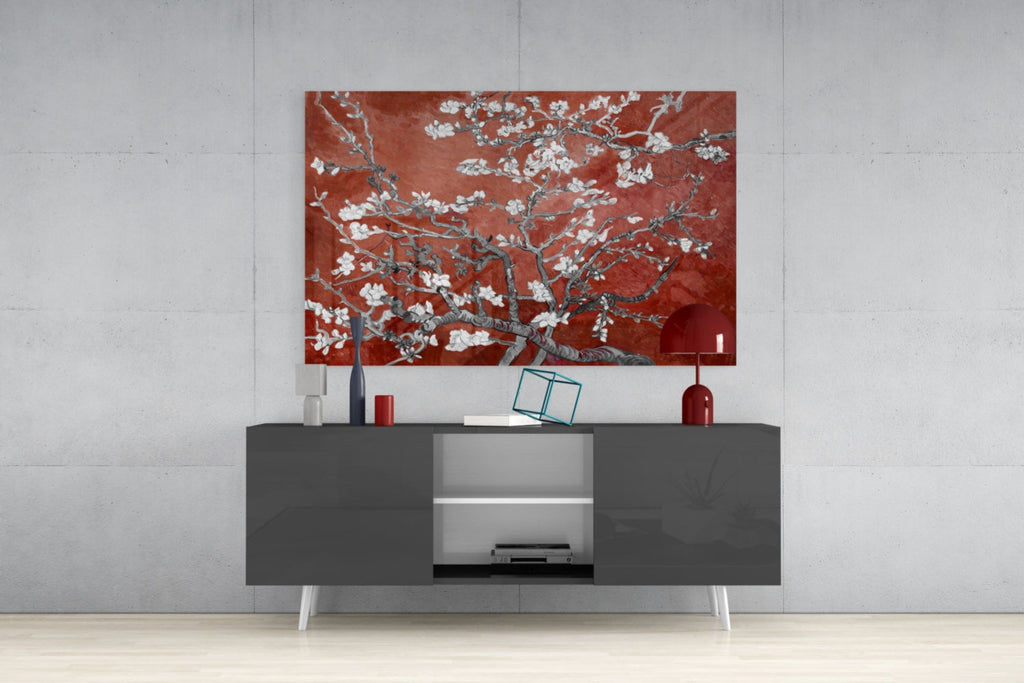 White Blossoms on Terracotta Red Glass Wall Art